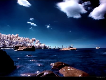 DEEP BLUE SEA - deep, clouds, trees, blue, ocean, rocks