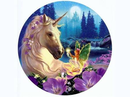 The Unicorn and the Faerie - trees, sun, wings, circle, one, winged, horn, horse, castle, single, flowers, frame