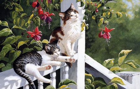 Kittens - flowers, railing, trees, porch, painting, cats, bleeding hearts, hummingbird