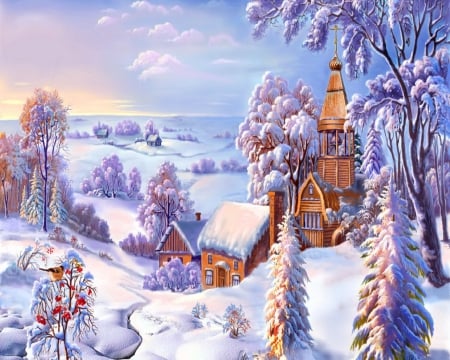 Winter Wonderland - frozen, village, quiet, frost, view, path, winter, bird, slope, church, peaceful, houses, lovely, berries, trees, painting, snow