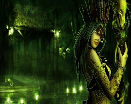 Swamp Witch - Swamp, Tattoo, Staff, Skulls, Witch, Green Eye