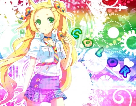 Color - pretty, anime, multicolor, yellow, blue, pink, rainbow, purple, lollipop, red, art, beautiful, girl, beauty, colors, lovely, orange, sweet, white, green