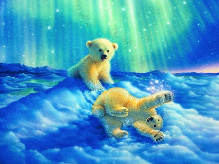 Polarbear Pups - ice, aurora borealis, snow, artwork, light