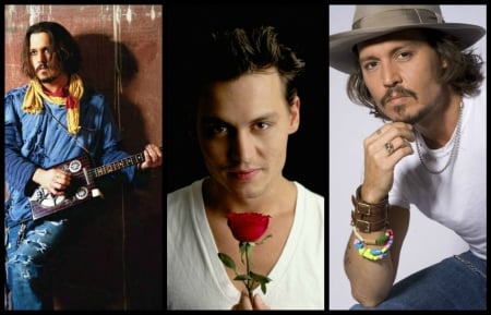 Johnny Depp - hat, actor, by cehenot, blue, collage, flower, man, johnny depp, music, guitar, black, instrument, white, red, rose