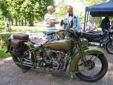 Old Harley Davidson - tent, bike, men, summer, tree, colors, grass