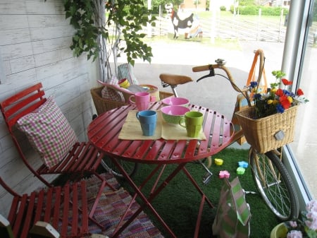 Summer Show-Window - flowers, bike, summer, window, pillow, chaies, table, mugs