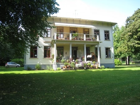 Old House - flowers, house, trees, windows, grass, stair, lawn, sky