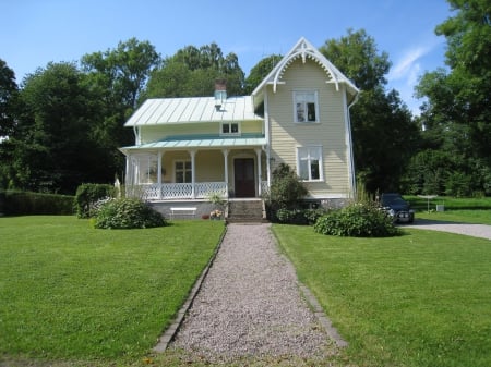 Old House - sky, lawn, house, windows, color, porch, grass