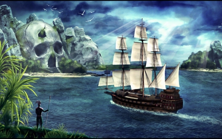 Fantasy island - water, blue, ship, sea, island, ocean, skull, fantasy, white, green, cloud, sky