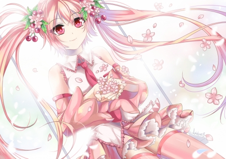 Sakura Miku - pretty, twin tail, female, pink, pink eyes, nice, cherry blossom, hot, beauty, sakura blossom, flower, petals, cute, floral, sexy, vocaloid, anime, twintail, hatsune miku, long hair, sakura miku, pink hair, twin tails, anime girl, sakura, twintails, beautiful, girl, lovely, sweet, miku, hatsune, vocaloids