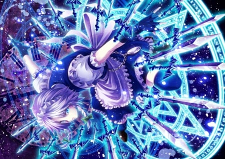 Izayoi Sakuya - sword, cute, hot, anime girl, fight, girl, sparks, fighting, blade, weapon, serious, emotional, izayoi sakuya, touhou, glow, anime, sinister, mad, maid, angry, sexy, female, rapier