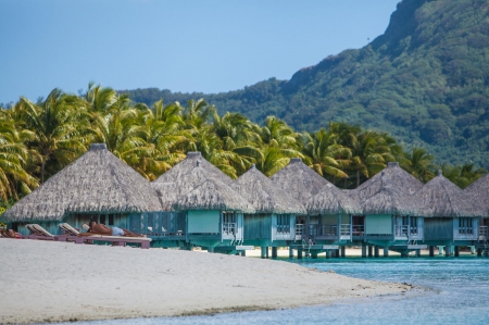 Beautiful Bora Bora - Tahiti - Paradise Island - beach, paradise, water, bungalows, polynesia, bora bora, atoll, sand, ocean, palm trees, islands, tropical, huts, exotic, beautiful, villas, island, south pacific, sea, tahiti