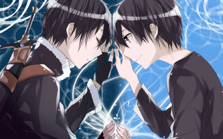 Alter Ego - hot, sao, blade, black hair, kirigaya kazuto, kazuto kirigaya, sparks, reflection, cool, anime, sword, sword art online, short hair, handsome, male, sexy, kirigaya, warrior, light, kirito, double, glow, abstract, boy, guy, kazuto