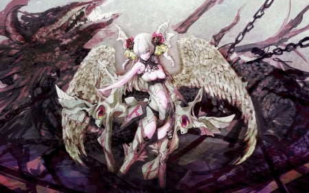 Pink Angel - purple, pretty, pink, cute, black, beauty, beautiful, flowers, sweet, chains, anime, girl, wings, lovely, grey, angel