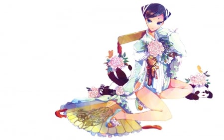 Girl & Pandas - pretty, anime, blue, flowers, animal, purple, red, art, beautiful, girl, fan, beauty, kimono, lovely, sweet, black, white, pandas, cute