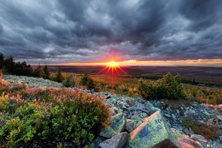 Sunset at Saxony, Germany - clouds, trees, landscape, rocks, sky