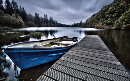 Garibaldi Lake, British Columbia, Canada - clouds, water, boat, forest, sky, pier