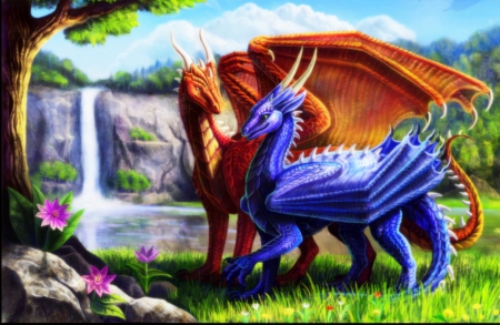 'Couple Dragon with Lilies' - nemmy, sky, colorful, waterfall, fantasy, rocks, creative pre-made, lakes, digital art, clouds, softness beauty, paintings, grass, attractions in dreams, couple, dragons, lovely, winged, colors, fantasy dragons, drawings, textures