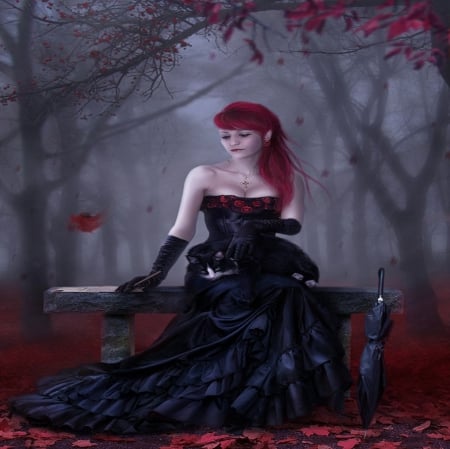 AUTUMN MELANCHOLY - BLACK, DRESS, HAIR, SADNESS, LEAF, AUTUMN, BENCH, MELANCHOLY, CAT, FEMALE, RED