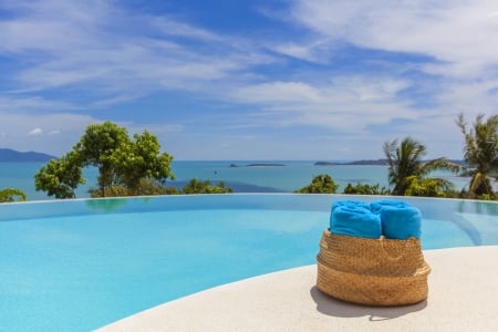 Azure Blue Pool overlooking Ocean Polynesia - beach, aqua, pacific, paradise, polynesia, south, ocean, swimming, islands, tropical, azure, exotic, luxury, blue, island, spa, pool, sea