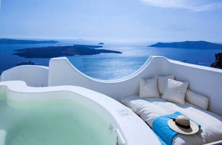 View over Sea Santorini Greece - ocean, islands, paradise, vista, greek, greece, exotic, white, view, santorini, luxury, blue, island, sea