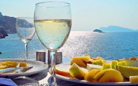 Breakfast on the Mediterraneon Sea - still life, peaches, sea, wine