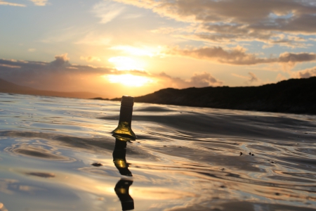 drift - sea, sunset, bottle, reflection