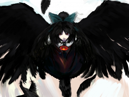 Touhou - tie, anime, blue, dress, angel, dark, red, beautiful, girl, beauty, lovely, black, grey, white, wings, cute, feathers