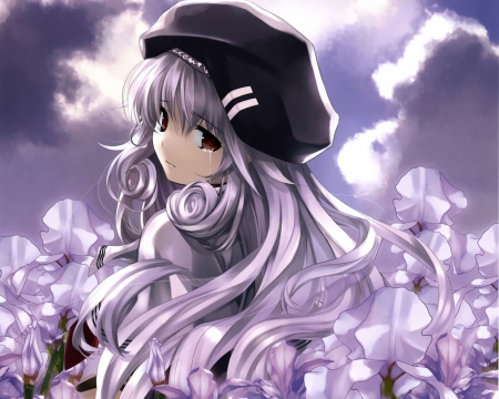 Sweet Girl - beauty, sky, roses, hat, white, red eyes, purple, pretty, clouds, anime, cute, moon, girl, long hair, night, beautiful, sweet, flowers