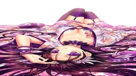 Purple Kimono - tattoo, sandals, anime, beautiful, girl, beauty, lovely, pink, long hair, sweet, aqua, white, purple, cute