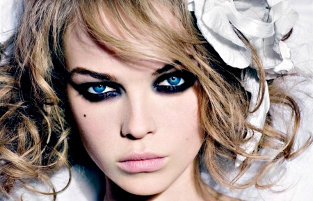 Siri Tollerod - blue, girl, eyes, siri tollerod, beauty, pink, black, make-up, white, flower blonde, woman, model