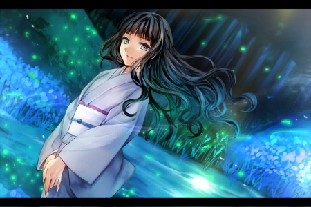 ♡ Maiden ♡ - pretty, anime, female, windy, maiden, night, light, long hair, sparks, nice, breeze, anime girl, beautiful, hot, girl, beauty, kimono, lovely, sweet, yukata, glow, wind, lady, black hair, cute, sexy