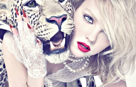 Heather Marks - heather marks, animal, pink, tiger, black, beauty, model, cat, fang, blonde, girl, white, necklace, blue eyes, glove, woman