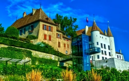 Castle - sky, photo, castle, trees, blue, hdr