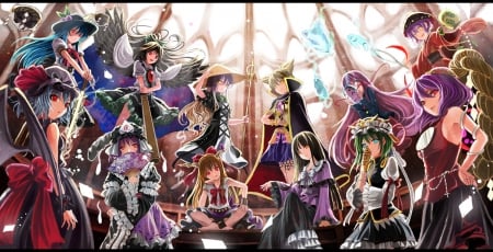 Touhou - anime, female, team, dress, long hair, short hair, group, touhou, gown, anime girl, serious, hot, girl, red eyes, sinister, cute, emotinal, sexy