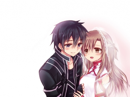 Kirito â™¡ Asuna - lover, anime girl, kirigaya kazuto, white, kazuto kirigaya, yuuki, romance, veil, long hair, kirito, romantic, sweet, happy, guy, nice, female, simple, sao, pretty, yuuki asuna, anime, hort hair, sword art online, handsome, love, male, couple, asuna, girl, kirigaya, lovely, boy, plain, asuna yuuki, smile, kazuto