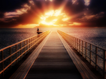 Sunny Pier - path, sunrays, sea, sun, sky