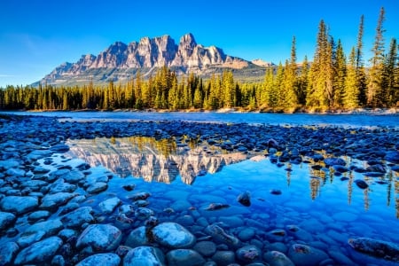 Banff national park - nice, sky, trees, national park, water, clear, mirrored, rocks, crystal, calm, amazing, quiet, reflection, river, lake, mountain, shore, lovely, nature, banff, blue, tranquil, beautiful, stones