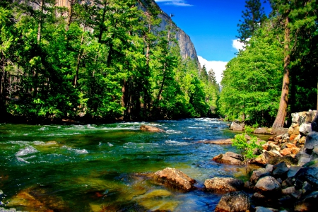 Mountain river - calm, creek, stream, mountain, shore, riverbank, nice, sky, greenery, trees, flow, beautiful, lovely, peaks, stones, river, nature, serenity, rocks