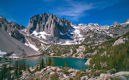 Third Lake and Temple Crag, California - landscape, trees, snow, water, usa