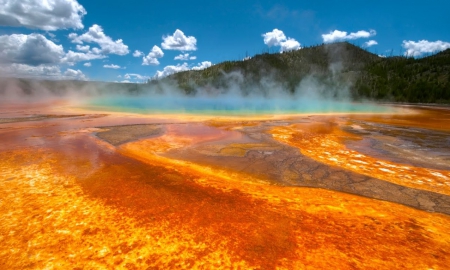 Yellowstone National Park - hill, clouds, steam, landscape, colors