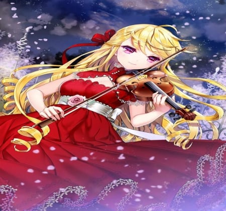 Pretty Girl - red, pretty, violin, orginal, blonde, dress, art, long hair, sword girls