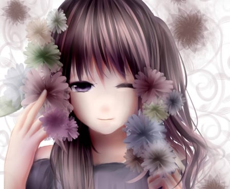 Beauty Anime Girl - beauty, girl, soft, long hair, lovely, white, purple, pretty, multicolor, pink, red, beautiful, anime, green, sweet, flowers