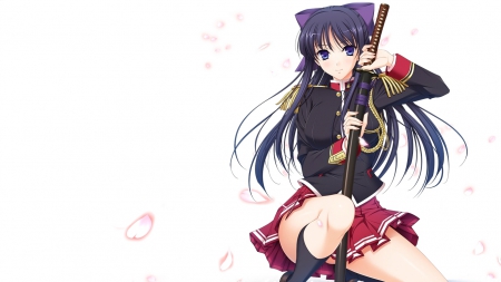 Sweet Warrior - red, sword, pretty, cute, beauty, beautiful, sweet, anime, girl, blue, warrior, long hair, petals, uniform