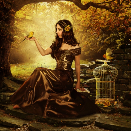 Golden Forest - bird, cage, fantasy, lady, golden, forest