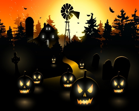 Jack o' lanterns - jack o lanterns, halloween, farm, night, windmill