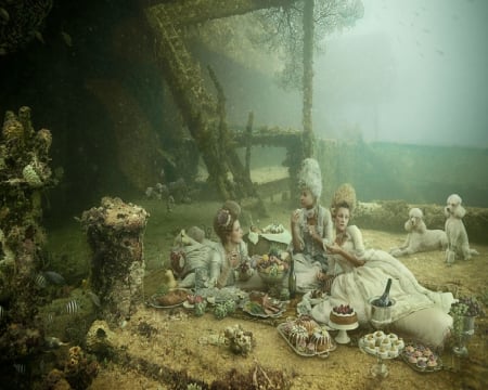 A Picnic Under Water - fantasy, women, poodles, picnic, fish