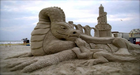 the sand castle - tower, sand, beach, dragons, sea