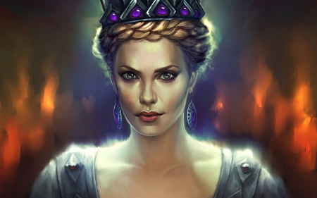 Queen Ravenna (Charlize Theron) art - Snow White and the Huntsman, blue, charlize theron, girl, blonde, beauty, orange, actress, queen ravenna, purple, painting, woman, movie, art