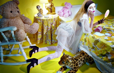 Siri Tollerod - yellow, shoe, dress, pink, interior, stiletto, girl, siri tollerod, tiger, toy, lantern, bear, black, lingerie, white, woman, model